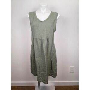 TERZO‎ MILLENNIO Olive Green Linen V Neck Lace Trim Tiered Midi Dress Size L